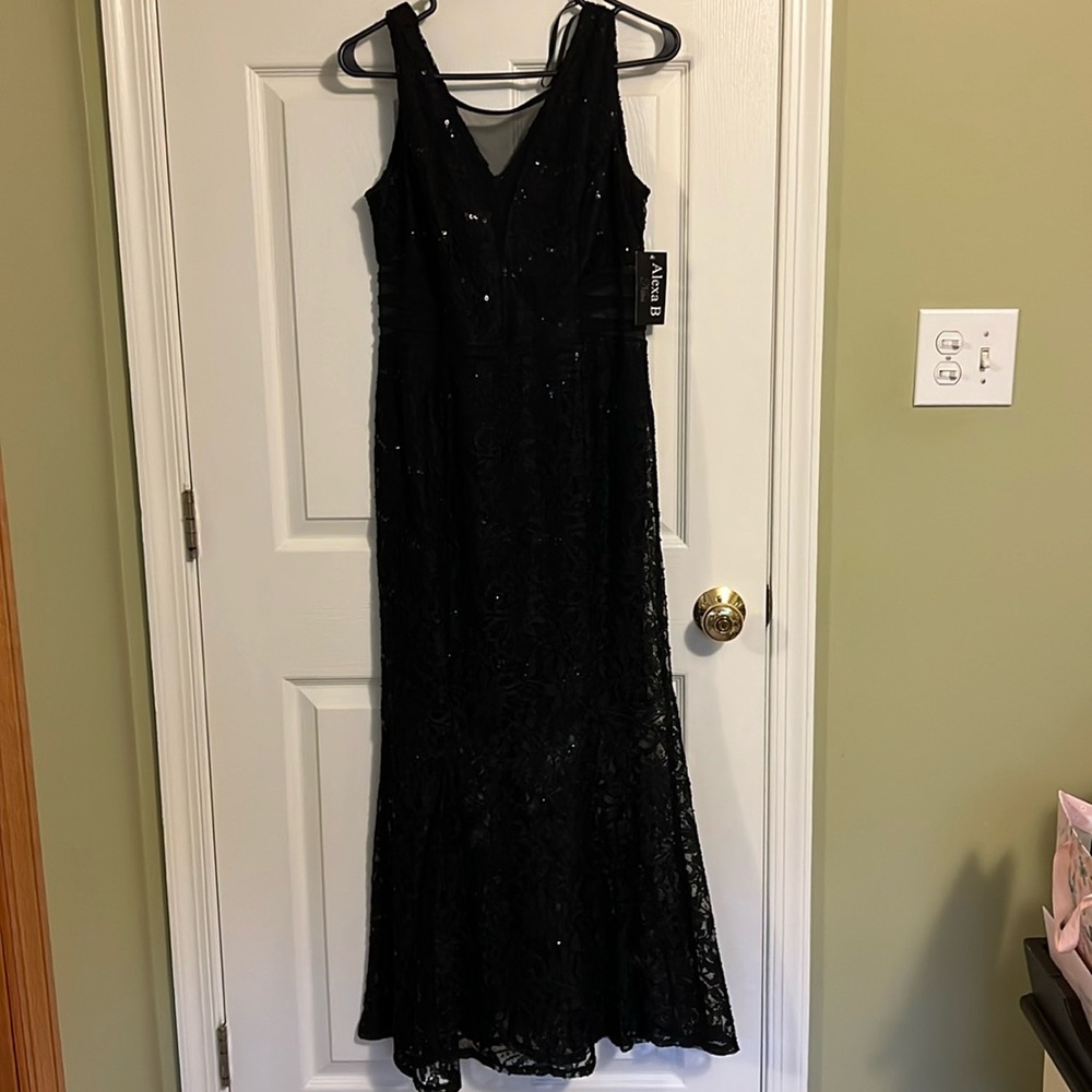 Alexa B long formal with black lace w/solid slip - peekaboo side panels. Size 10